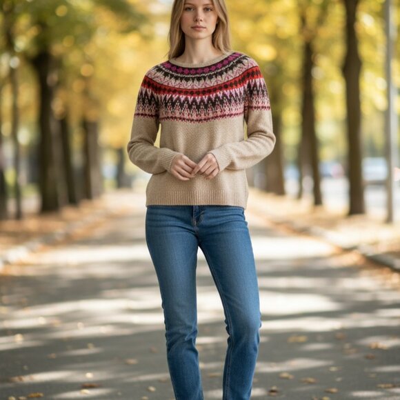 Maurice Patterned Beige Sweater Lg & YMI Jeans 13 - Picture 3 of 14